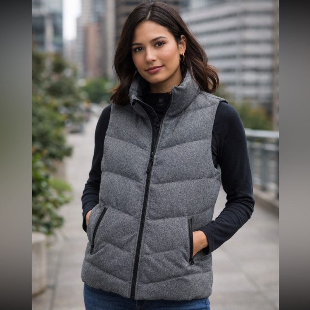 GAP Gray Wool‎ Primaloft Quilted Vest with Stand-Up Collar Warm